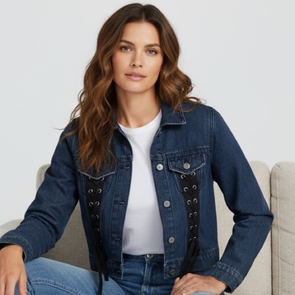 REFUGE - SIZE XS‎ (OVERSIZED) - DARK WASH DENIM WITH LACE-UP FRONT BLACK PANEL